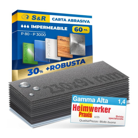 7SAM08 S&R 60 FOGLI Carta Vetrata Abrasiva Impermeabile x Carrozzeria Legno e Metalli 60pz